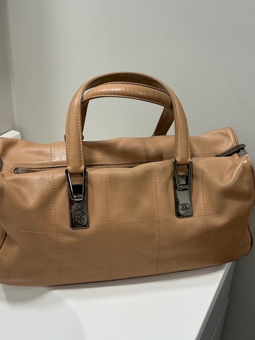 Vintage CHANEL chocolate bar tan Bowling bag